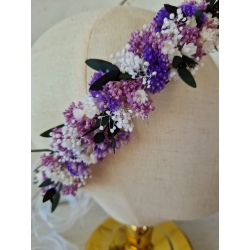 Wianek komunijny na głowę ze stabilizowanych kwiatów Biel i Lawenda